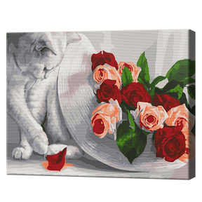 Trandafiri și motan, 40x50cm, pictură pe numere