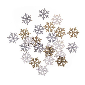 Fulgi de zăpadă cu sclipici bilaterale, lemn, 24 buc, auriu, argintiu, alb