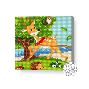 Pui de cerb cu prieteni în pădure, 20x20 cm, mozaic cu diamante