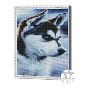 Cățeluș husky, 40x50 cm, mozaic cu diamante pătrate